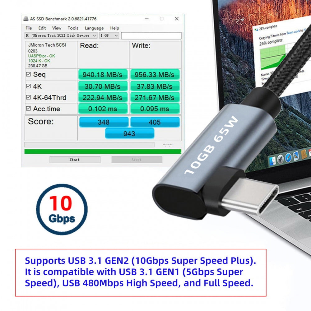USB-C 10Gbps Type-C Male to Male Video 4K Power PD 65W Cable Dual Right Angled 90 Degree Connector