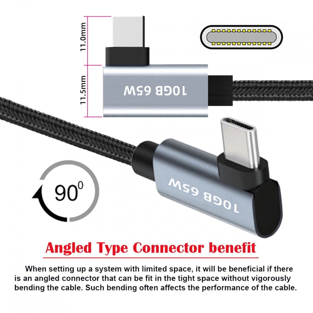 USB-C 10Gbps Type-C Male to Male Video 4K Power PD 65W Cable Dual Right Angled 90 Degree Connector