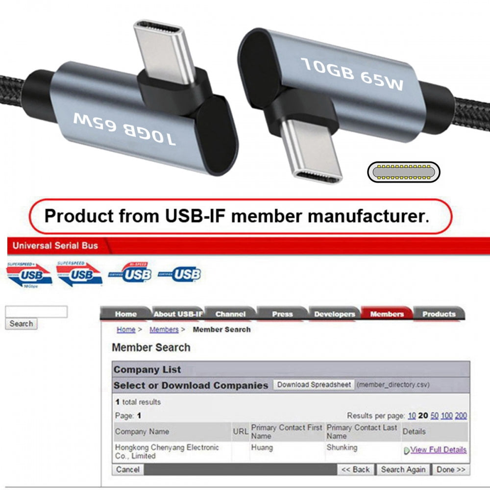 USB-C 10Gbps Type-C Male to Male Video 4K Power PD 65W Cable Dual Right Angled 90 Degree Connector