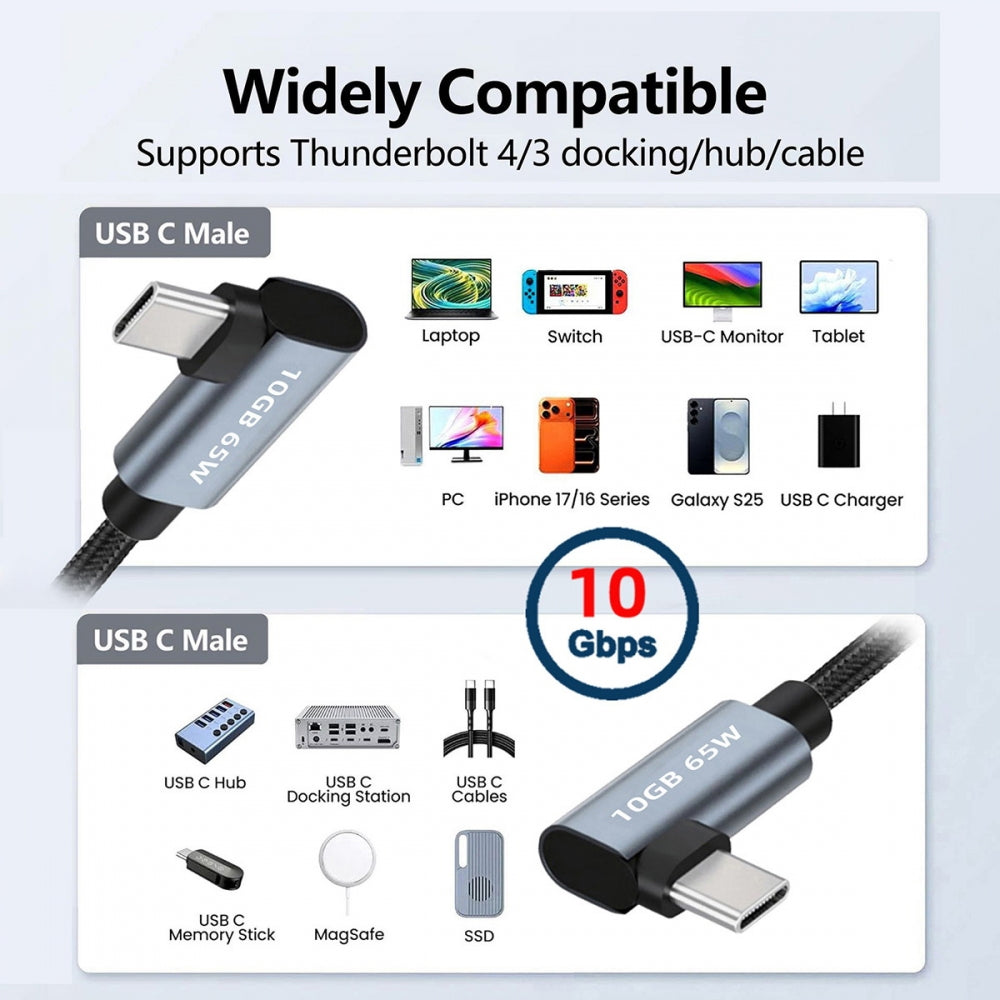 USB-C 10Gbps Type-C Male to Male Video 4K Power PD 65W Cable Dual Right Angled 90 Degree Connector