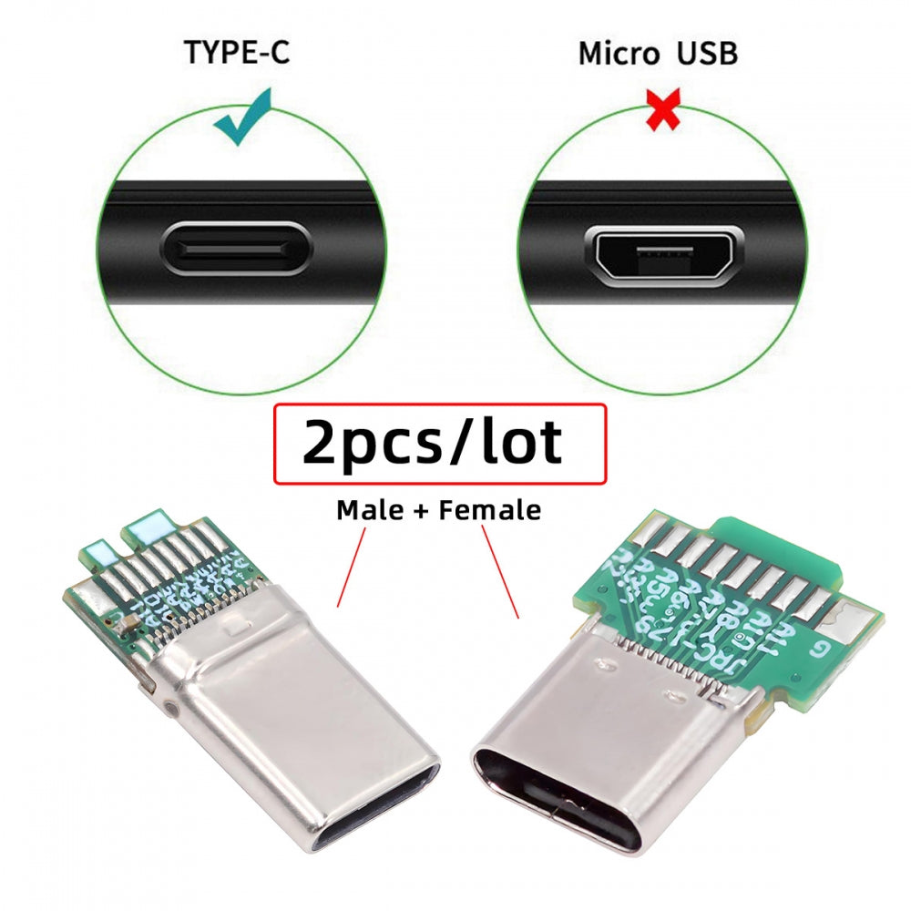2pcs/lot OEM DIY USB-C USB 3.1 Type-C Male &  Female Plug Socket Connector Solder Type with PCB