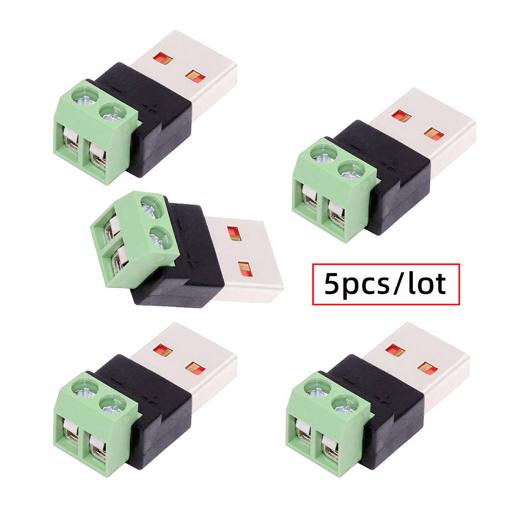 5pcs/set 2Pin Terminal Input to USB2.0 Type-A Male Plug Output Connector DIY OEM Repair Solderless Connector DC 5V Power