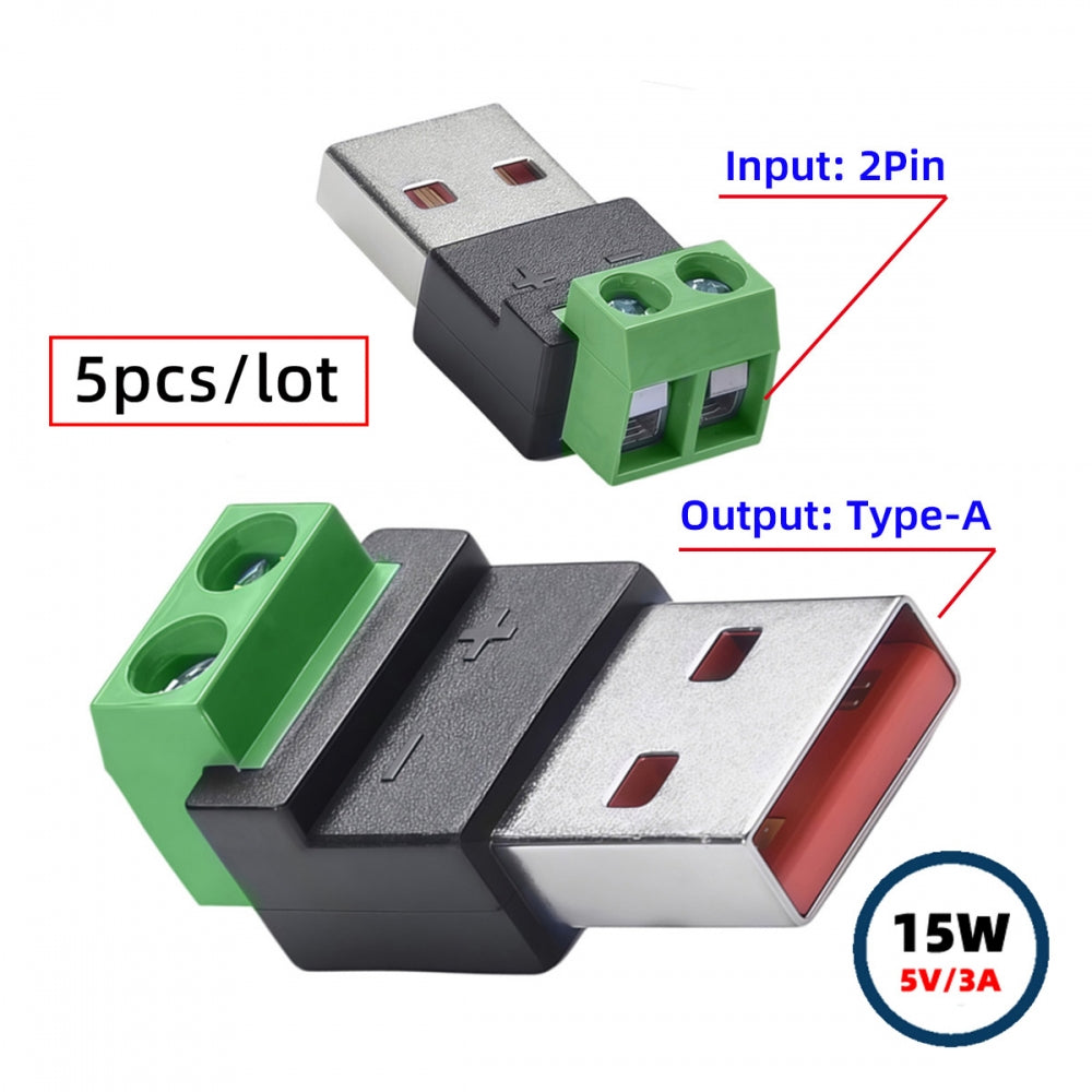 5pcs/set 2Pin Terminal Input to USB2.0 Type-A Male Plug Output Connector DIY OEM Repair Solderless Connector DC 5V Power