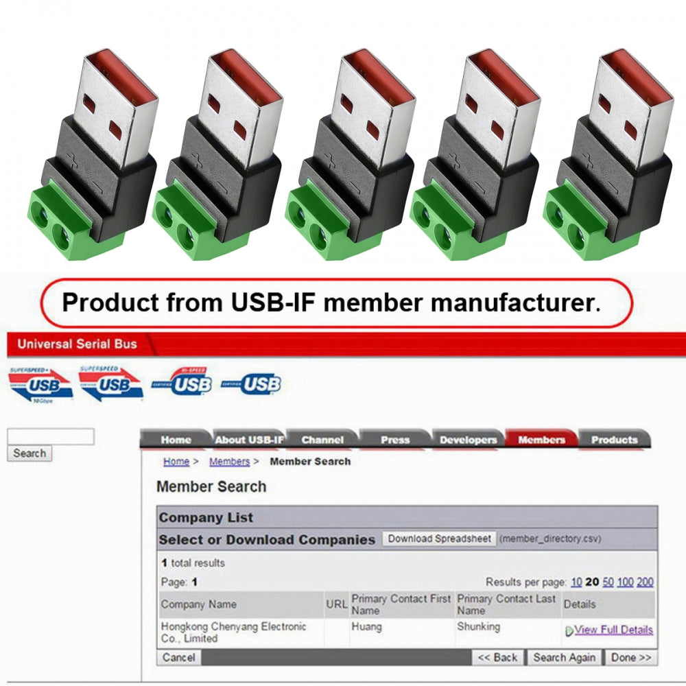 5pcs/set 2Pin Terminal Input to USB2.0 Type-A Male Plug Output Connector DIY OEM Repair Solderless Connector DC 5V Power