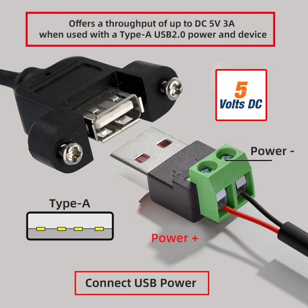 5pcs/set 2Pin Terminal Input to USB2.0 Type-A Male Plug Output Connector DIY OEM Repair Solderless Connector DC 5V Power