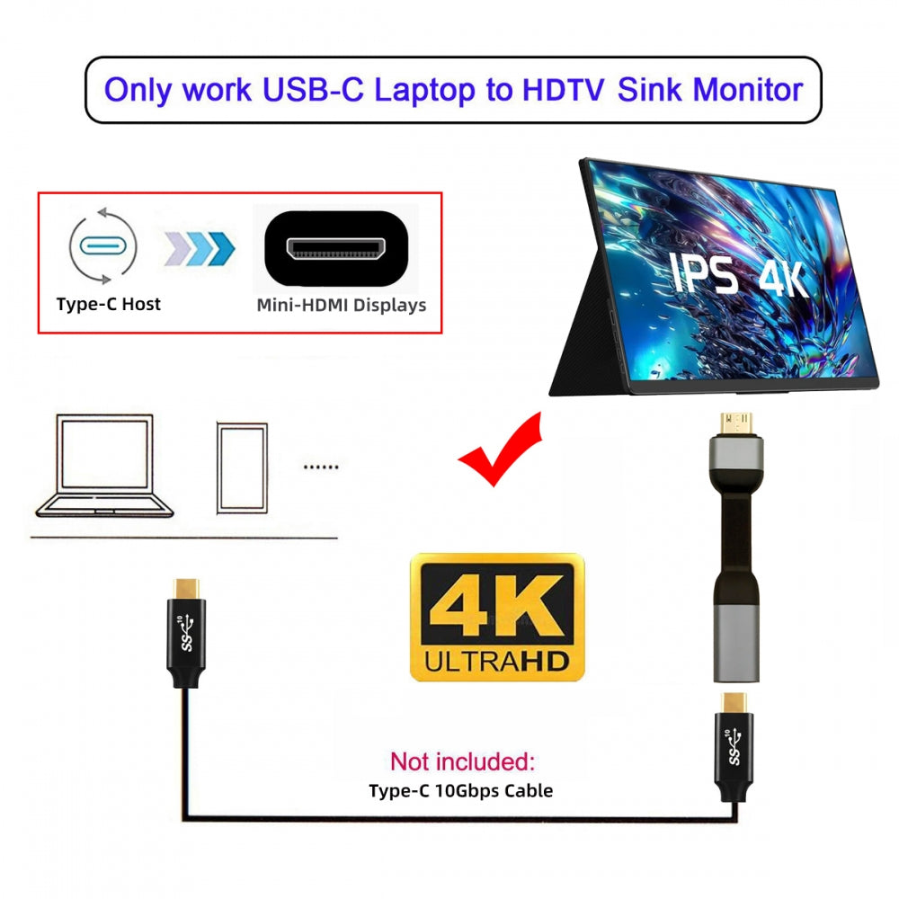 USB-C Type-C Female Host to Mini HDMI Male 4K 60hz Sink HDTV Adapter Ultra Slim Flat Cable 1080p for Laptop Tablet Phone