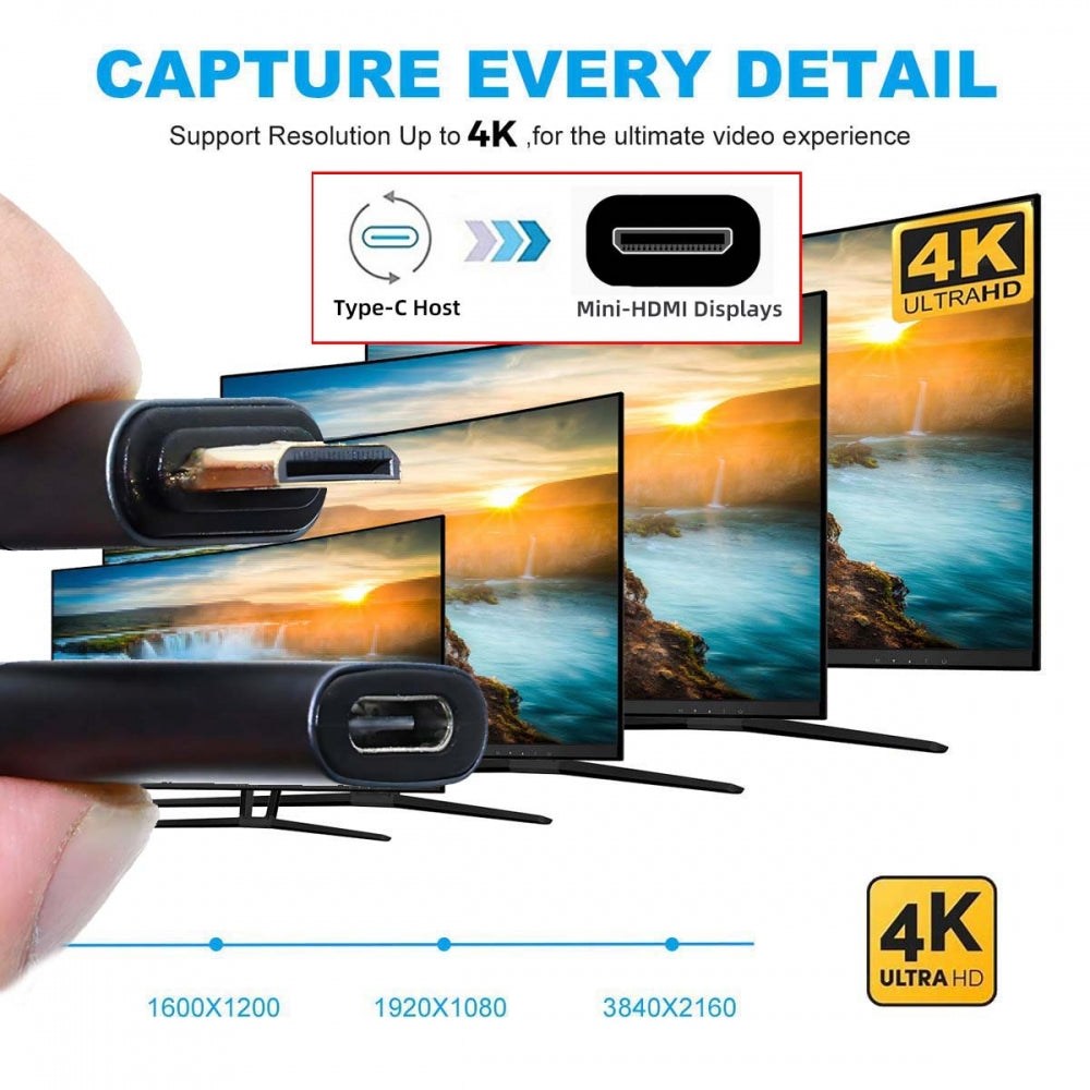 USB-C Type-C Female Host to Mini HDMI Male 4K 60hz Sink HDTV Adapter Ultra Slim Flat Cable 1080p for Laptop Tablet Phone