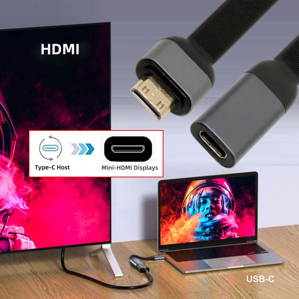 USB-C Type-C Female Host to Mini HDMI Male 4K 60hz Sink HDTV Adapter Ultra Slim Flat Cable 1080p for Laptop Tablet Phone