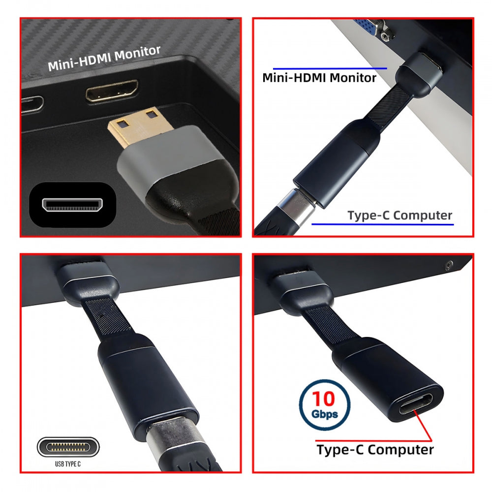 USB-C Type-C Female Host to Mini HDMI Male 4K 60hz Sink HDTV Adapter Ultra Slim Flat Cable 1080p for Laptop Tablet Phone