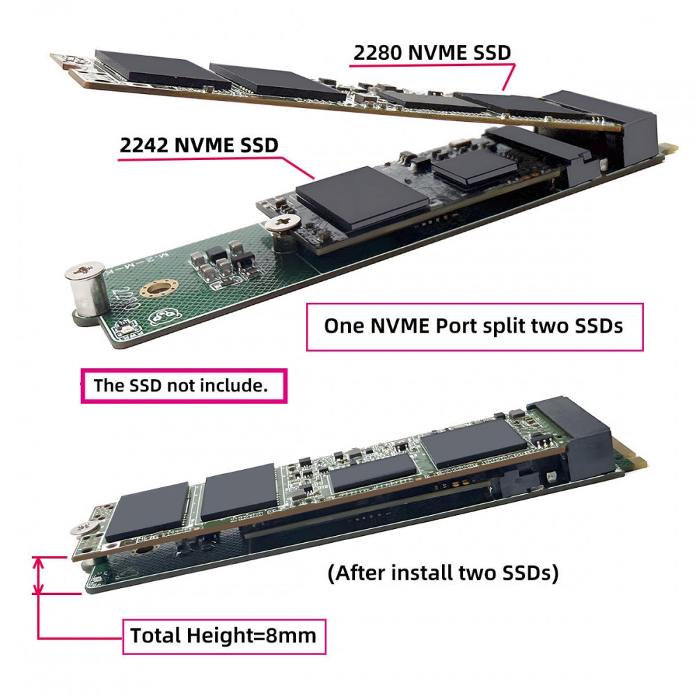 NGFF NVME M-Key Riser Card to Dual Ports 2242 2280 NGFF Key-M NVME SSD Adapter PCIE Packet Switch Compatible with NAS Industrial Control Motherboard