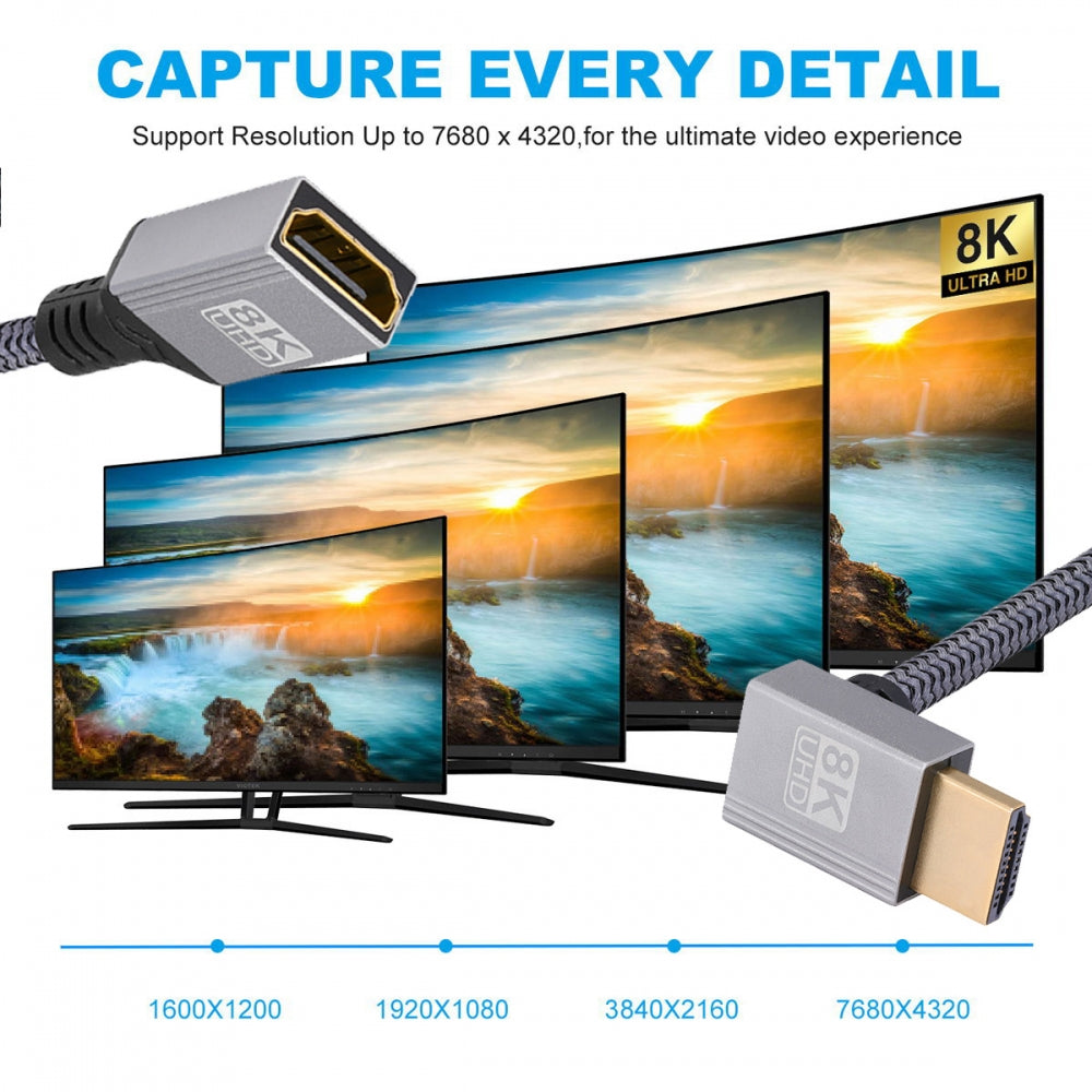 8K Type-A HDMI 2.1 Male 90 Degree Down Angled to HDMI Female Extension HDTV Cable for DV Camera Laptop Monitor