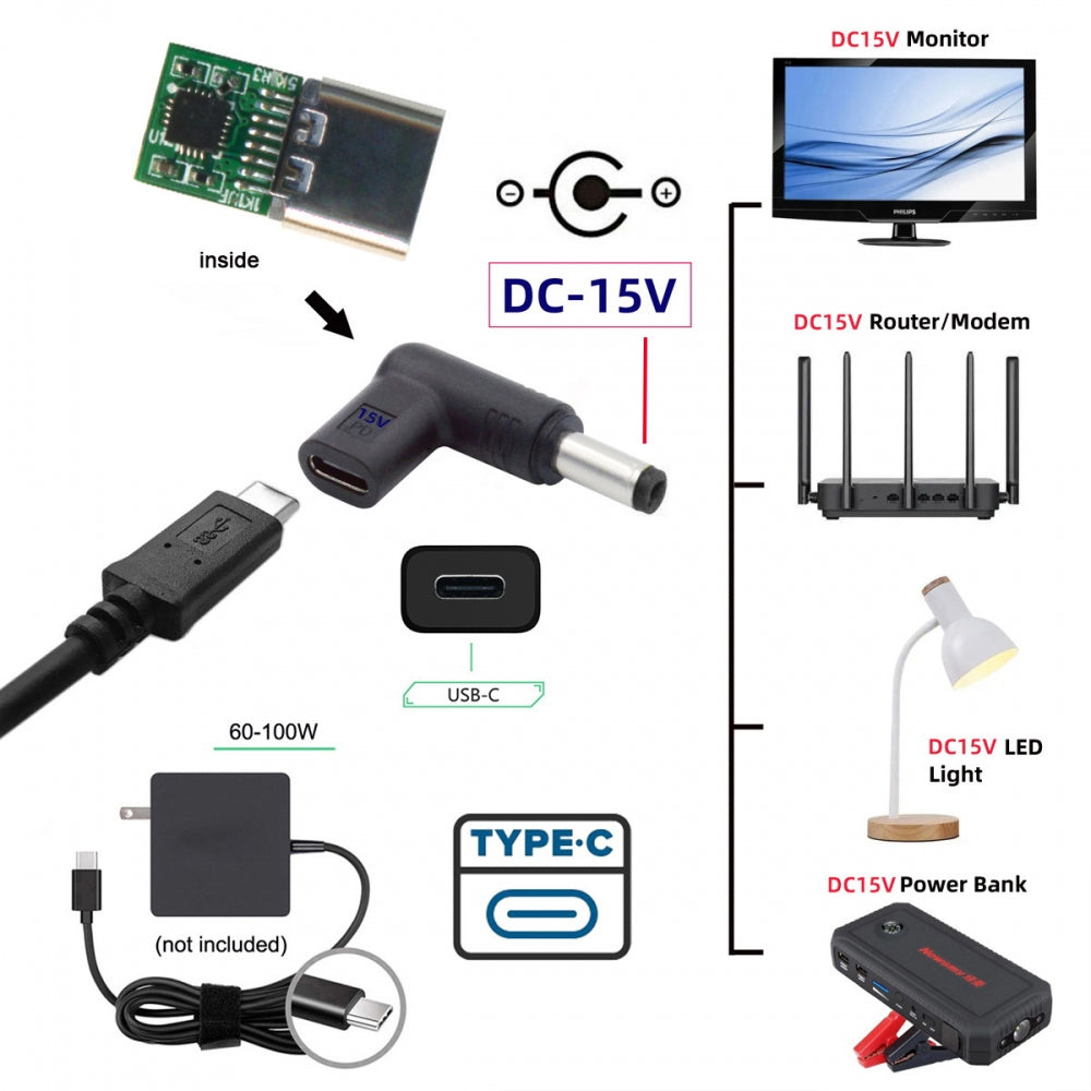 USB 3.1 Type C USB-C Female Input to DC 15V 5.5x2.1mm Plug Output Adapter PD Emulator Trigger 90 Degree Angled