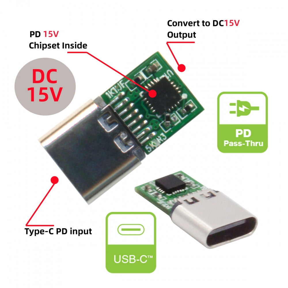 USB 3.1 Type C USB-C Female Input to DC 15V 4.8x1.7mm Plug Output Adapter PD Emulator Trigger 90 Degree Angled