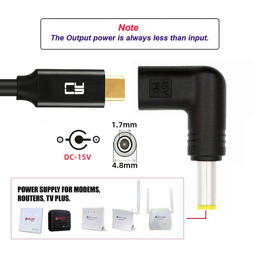 USB 3.1 Type C USB-C Female Input to DC 15V 4.8x1.7mm Plug Output Adapter PD Emulator Trigger 90 Degree Angled