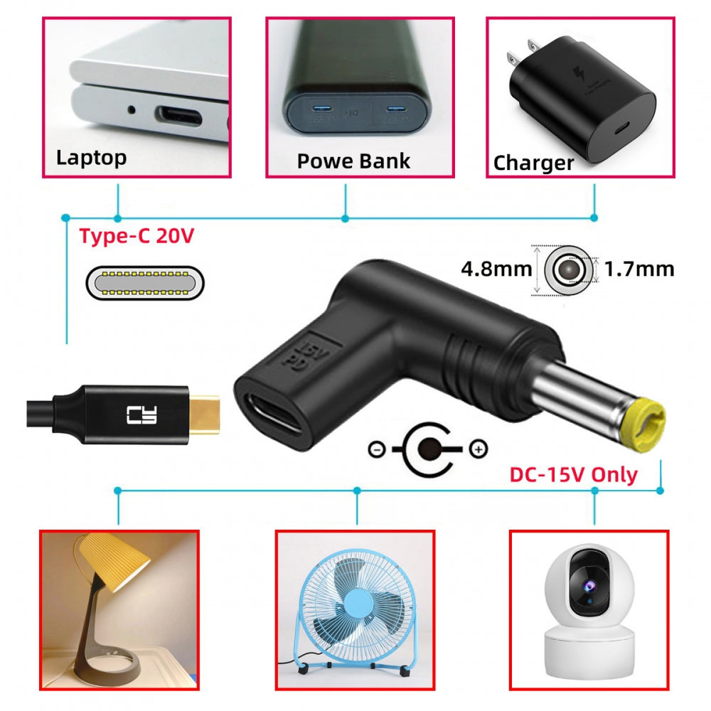 USB 3.1 Type C USB-C Female Input to DC 15V 4.8x1.7mm Plug Output Adapter PD Emulator Trigger 90 Degree Angled