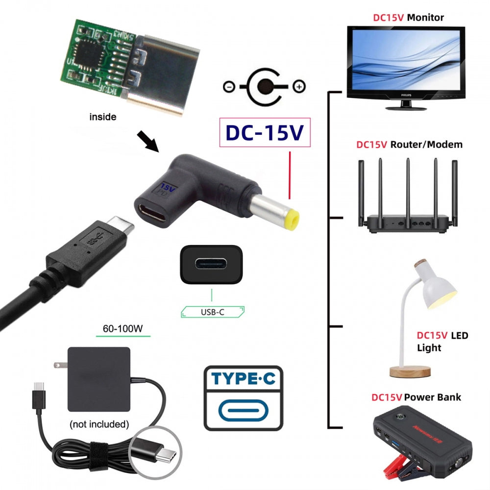 USB 3.1 Type C USB-C Female Input to DC 15V 4.0x1.7mm Plug Output Adapter PD Emulator Trigger 90 Degree Angled
