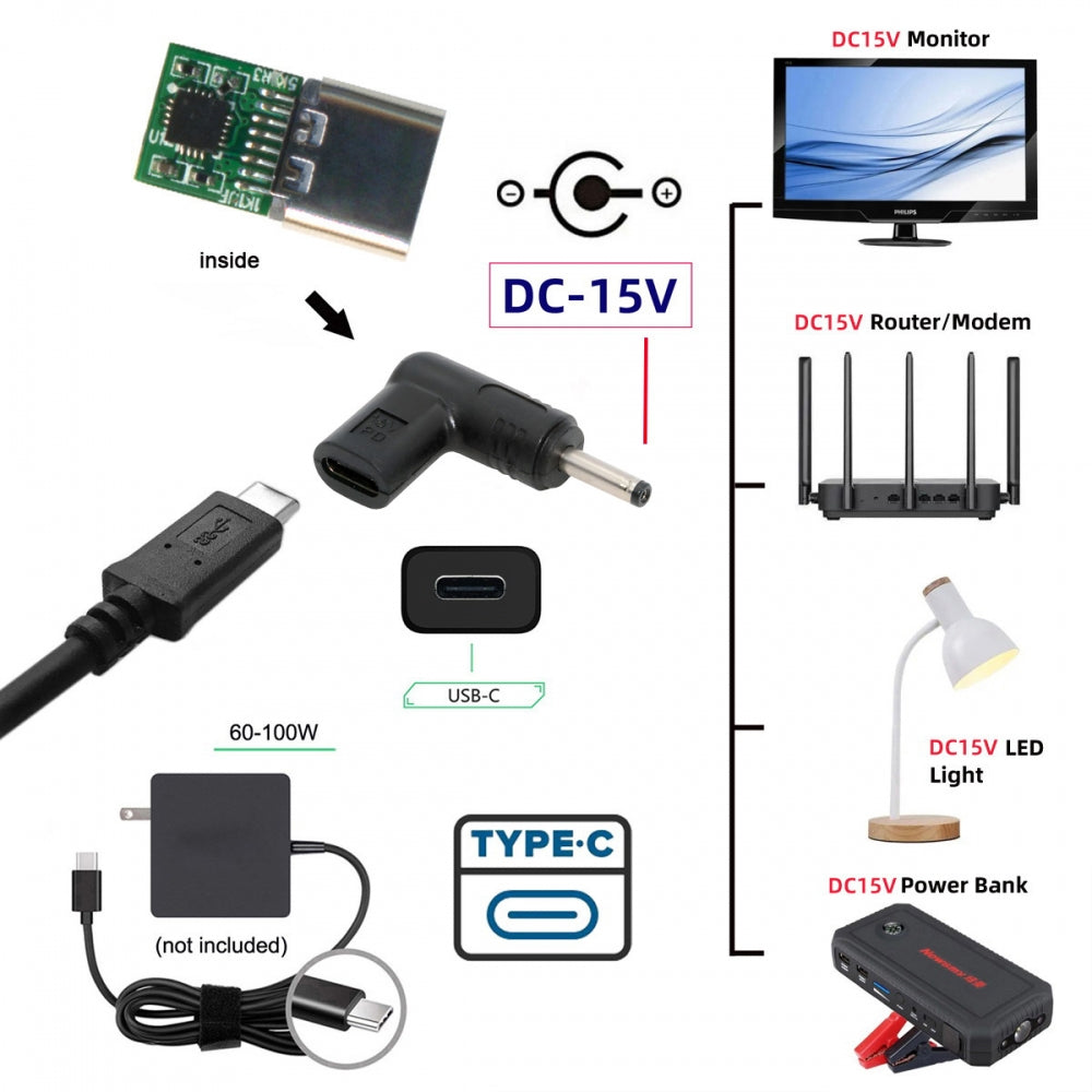 USB 3.1 Type C USB-C Female Input to DC 15V 3.5x1.3mm Plug Output Adapter PD Emulator Trigger 90 Degree Angled