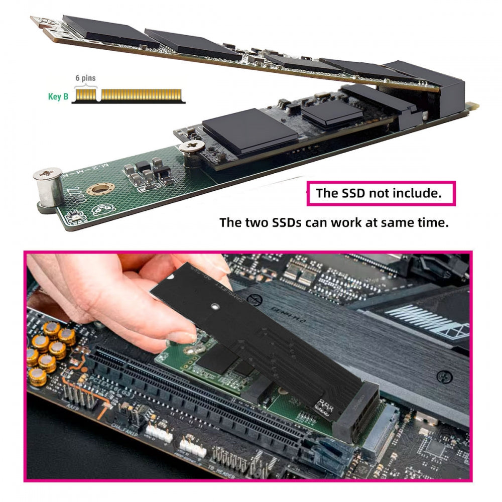 NGFF NVME M-Key Riser Card to Dual Ports 2242 2280 NGFF Key-B B+M SSD Adapter PCIE Packet Switch Compatible with NAS Industrial Control Motherboard
