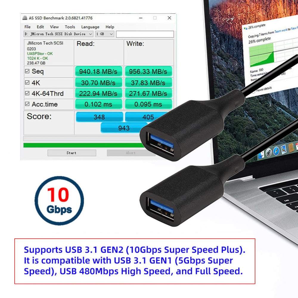 USB 3.0 Type-A Female to Type-A Female Extension Cable Data 10Gbps for Laptop Computer Disk SSD Camera