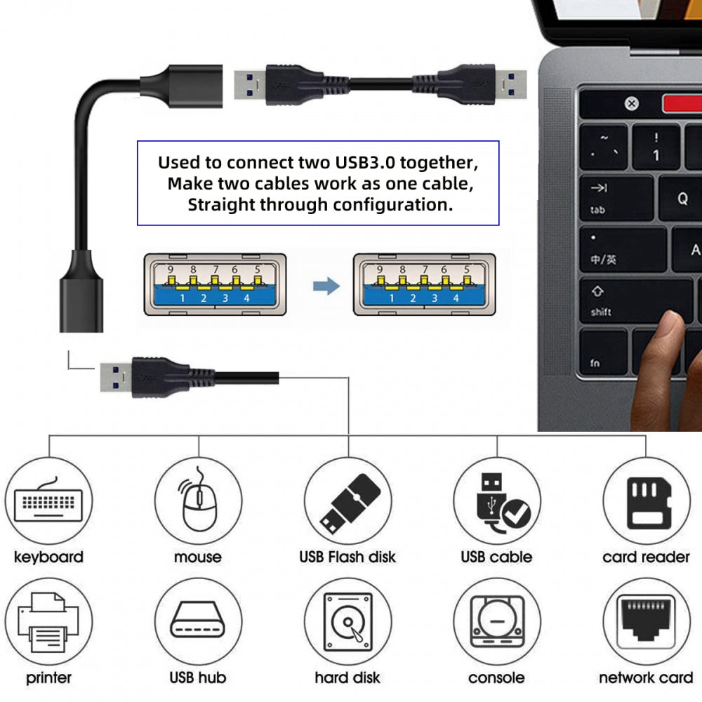 USB 3.0 Type-A Female to Type-A Female Extension Cable Data 10Gbps for Laptop Computer Disk SSD Camera