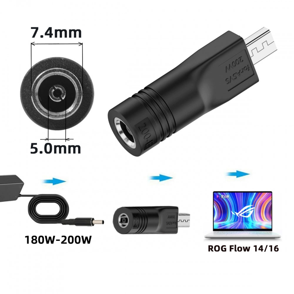 180W 200W Power DC Jack 7.4*5.0mm Input to Flow 14 16 Air Rectangle Plug Charge Adapter Compatible with ROG Laptop