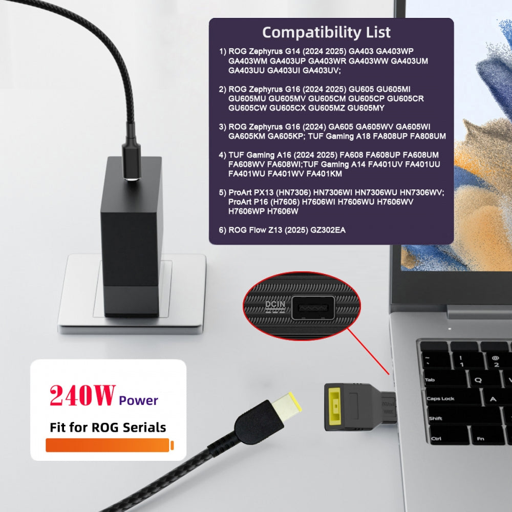 240W Power Rectangle Jack Thinkpad X1 Input to Flow Z13 14 16 Air Rectangle Plug Charge Adapter Compatible with ROG Laptop