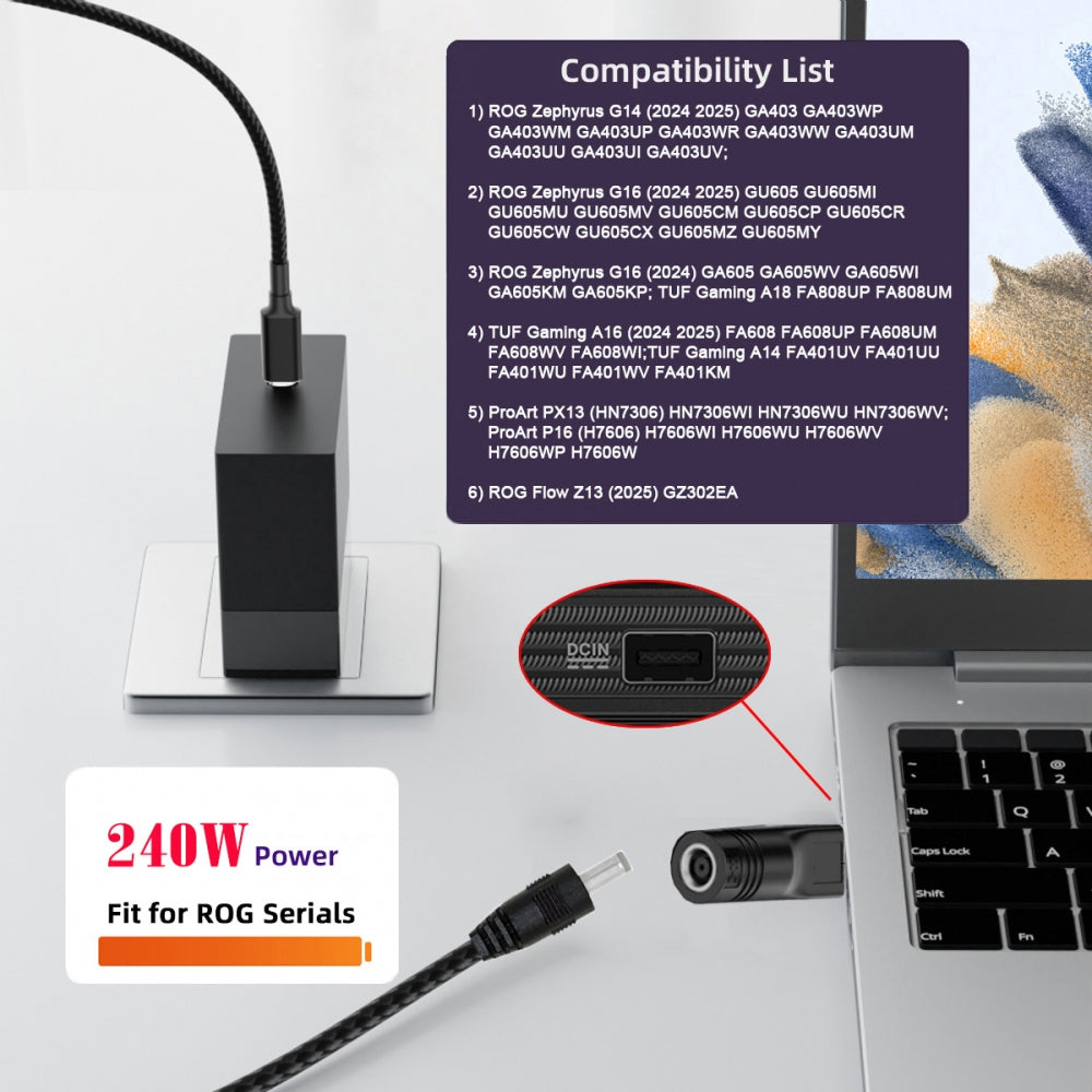 240W Power DC Jack 7.4*5.0mm Input to Flow Z13 14 16 Air Rectangle Plug Charge Adapter Compatible with ROG Laptop