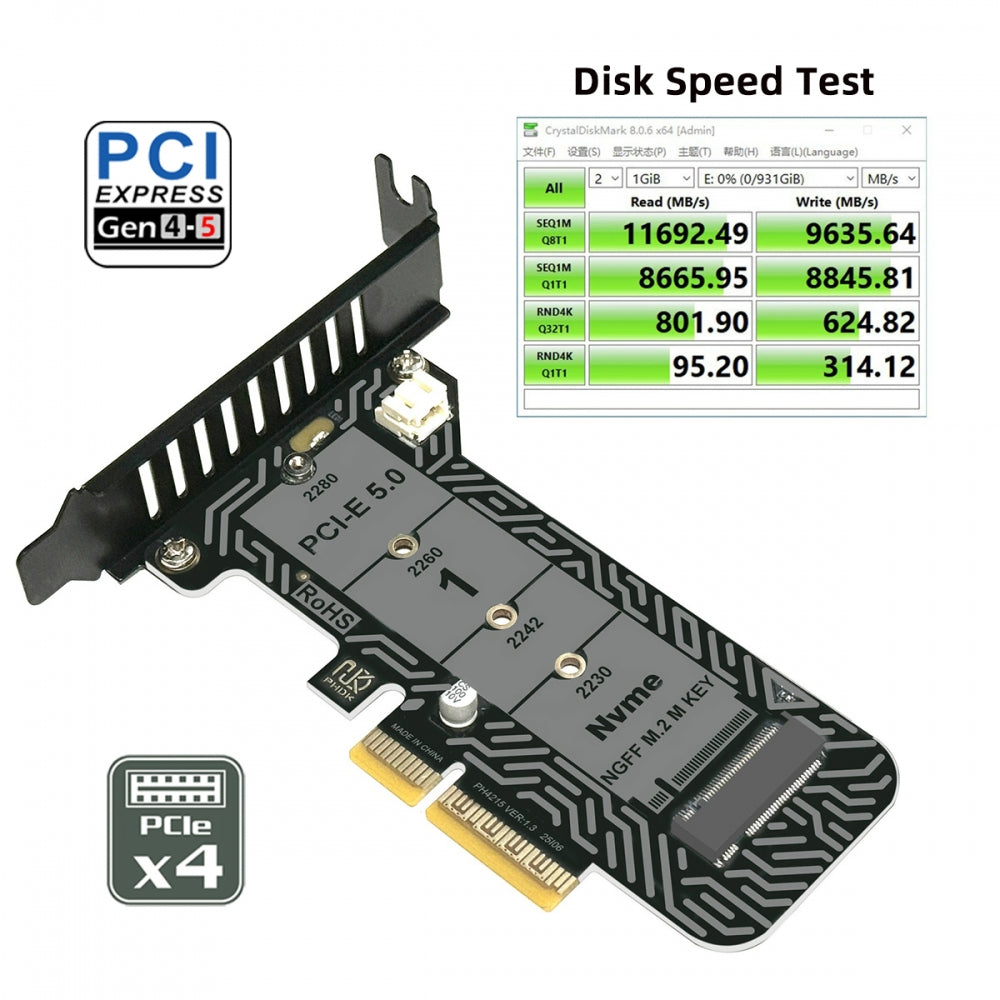 Low Profile PCI-E 5.0 PCI Express 4.0 X4 Lane to M.2 NGFF M-Key SSD NVME Adapter Card with Heat Sink