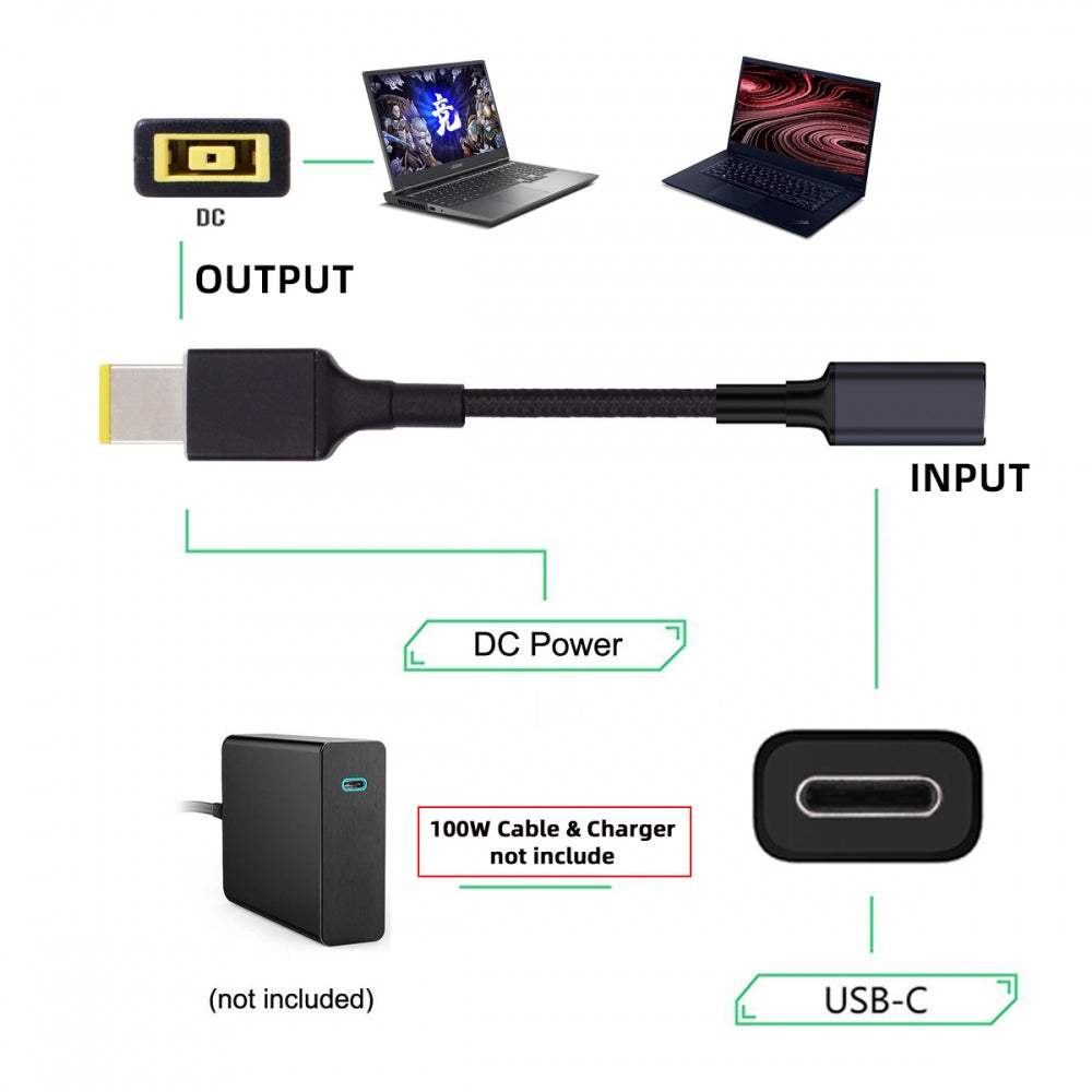 100W Type-C USB-C Female Input to Rectangular Plug Output Power 20V 5A PD Charge Cable for Thinkpad X1 Legion Y7000P Laptop