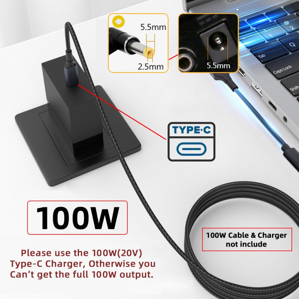 100W Type-C USB-C Female Input to DC 5.5*2.5mm Plug Output Power 20V 5A PD Charge Cable 16cm for Laptop