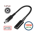 100W Type-C USB-C Female Input to DC 7.4*5.0mm Plug Output Power 20V 5A PD Charge Cable 16cm Compatible with DELL-Laptop