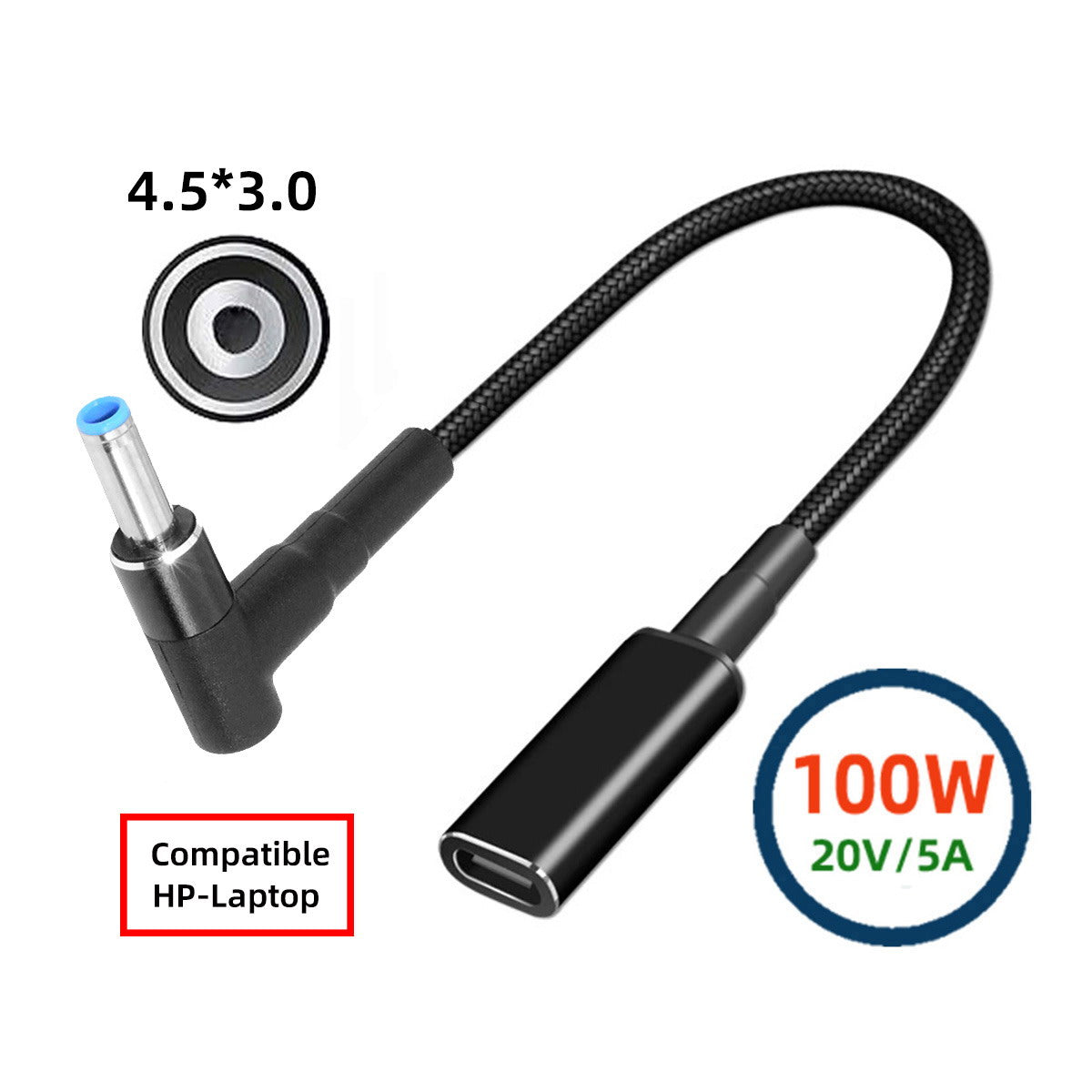 100W Type-C USB-C Female Input to DC 4.5*3.0mm Plug Output Power 20V 5A PD Charge Cable 16cm Compatible with HP-Laptop