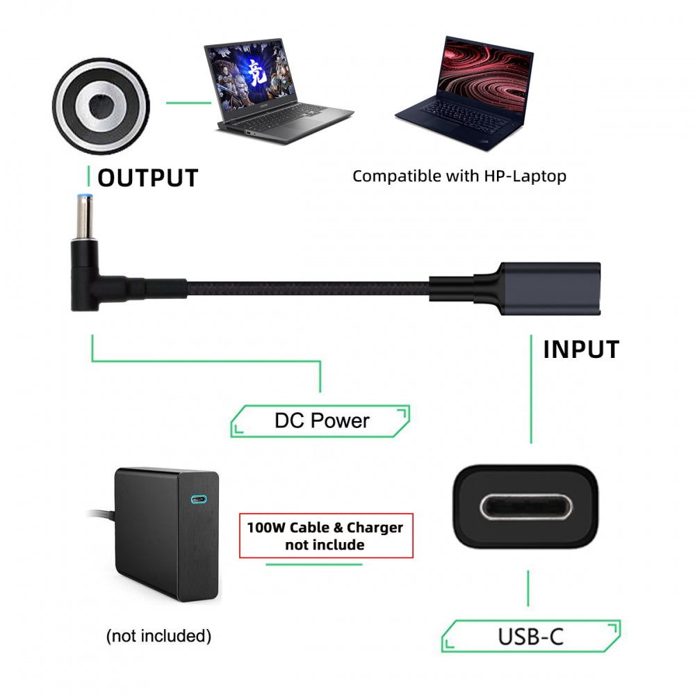 100W Type-C USB-C Female Input to DC 4.5*3.0mm Plug Output Power 20V 5A PD Charge Cable 16cm Compatible with HP-Laptop