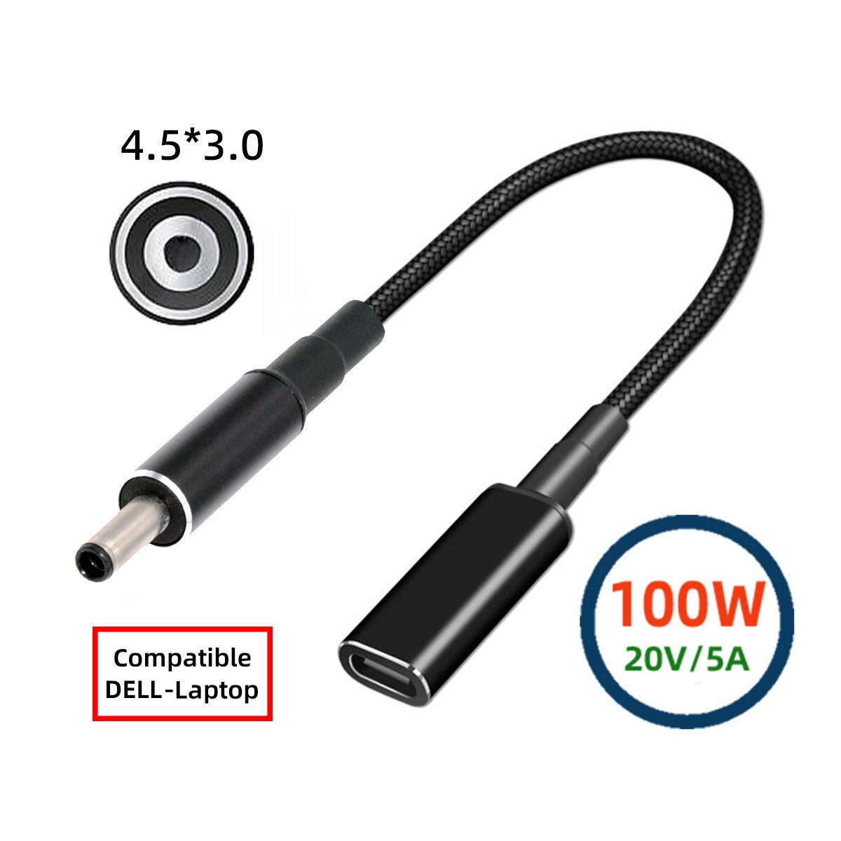 100W Type-C USB-C Female Input to DC 4.5*3.0mm Plug Output Power 20V 5A PD Charge Cable 16cm Compatible with DELL-Laptop