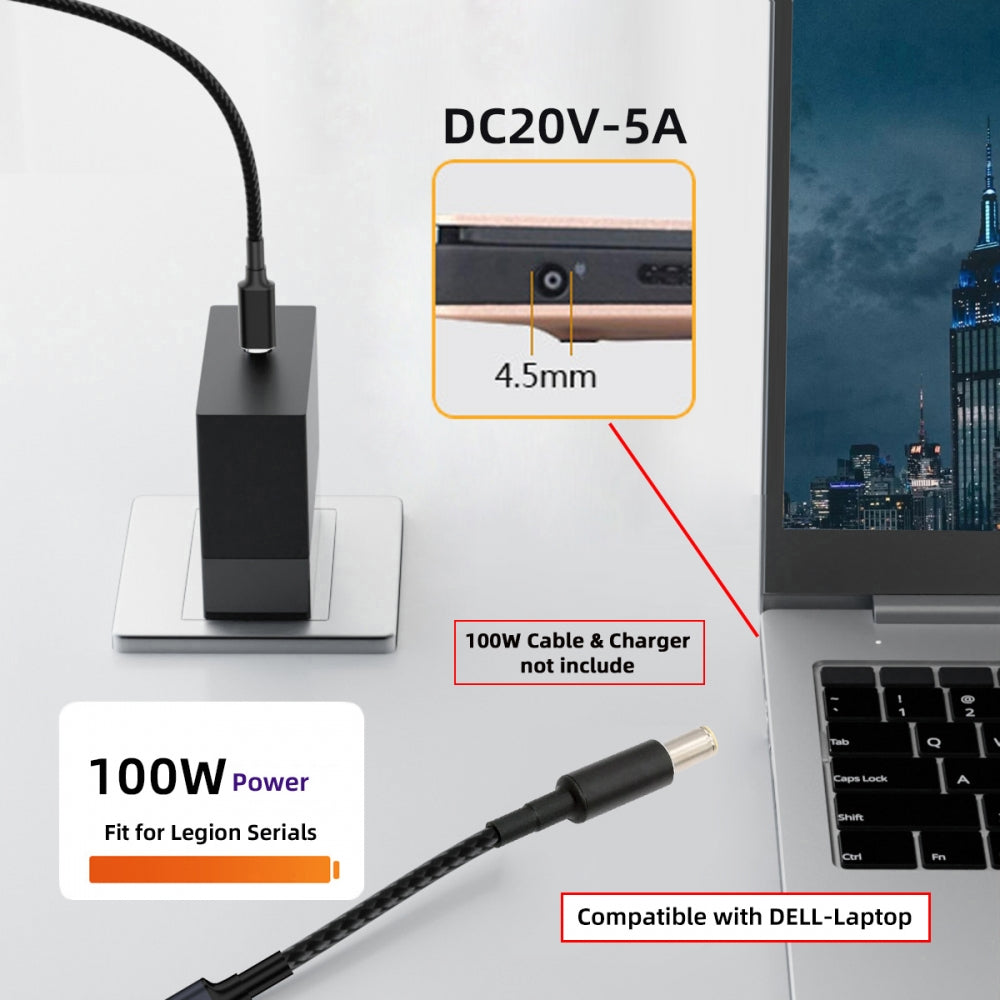 100W Type-C USB-C Female Input to DC 4.5*3.0mm Plug Output Power 20V 5A PD Charge Cable 16cm Compatible with DELL-Laptop