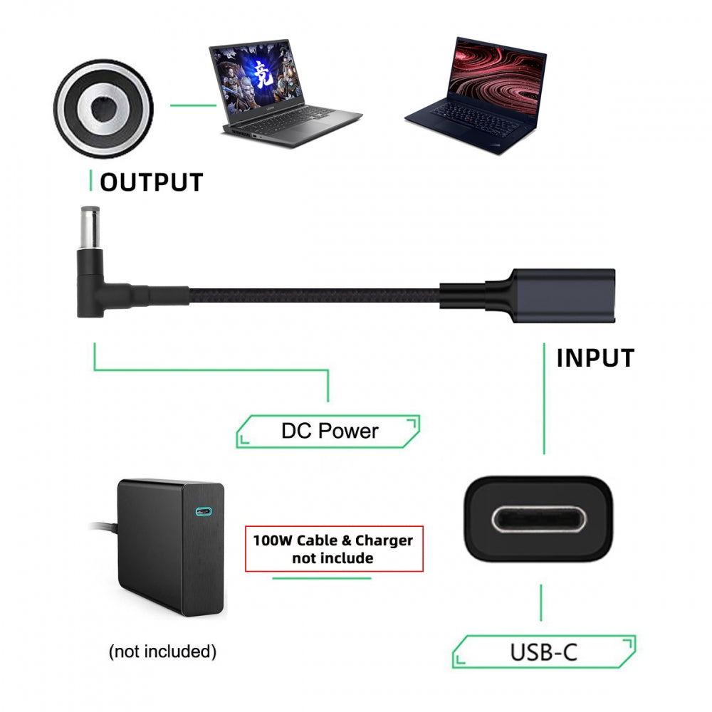 100W Type-C USB-C Female Input to DC 4.0*1.3mm Plug Output Power 20V 5A PD Charge Cable 16cm for Laptop