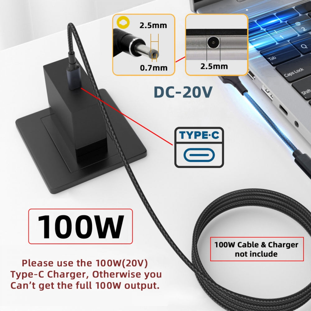 100W Type-C USB-C Female Input to DC 2.5*0.7mm Plug Output Power 20V 5A PD Charge Cable 16cm for Laptop