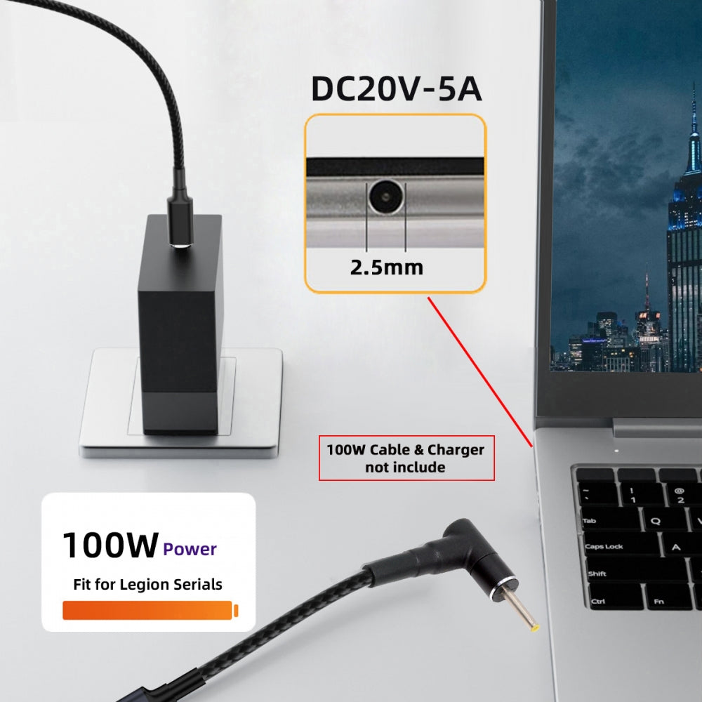 100W Type-C USB-C Female Input to DC 2.5*0.7mm Plug Output Power 20V 5A PD Charge Cable 16cm for Laptop