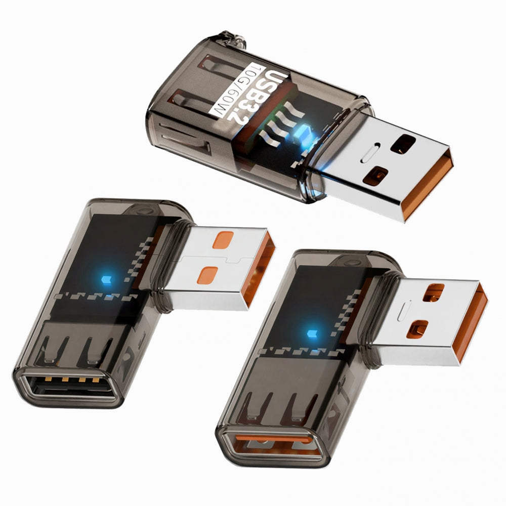 3pcs/lot Left Right Angled 10Gbps USB3.0 Male to Female Extension Power Data Adapter 90 Degree Type Transparent with Smart LED Light