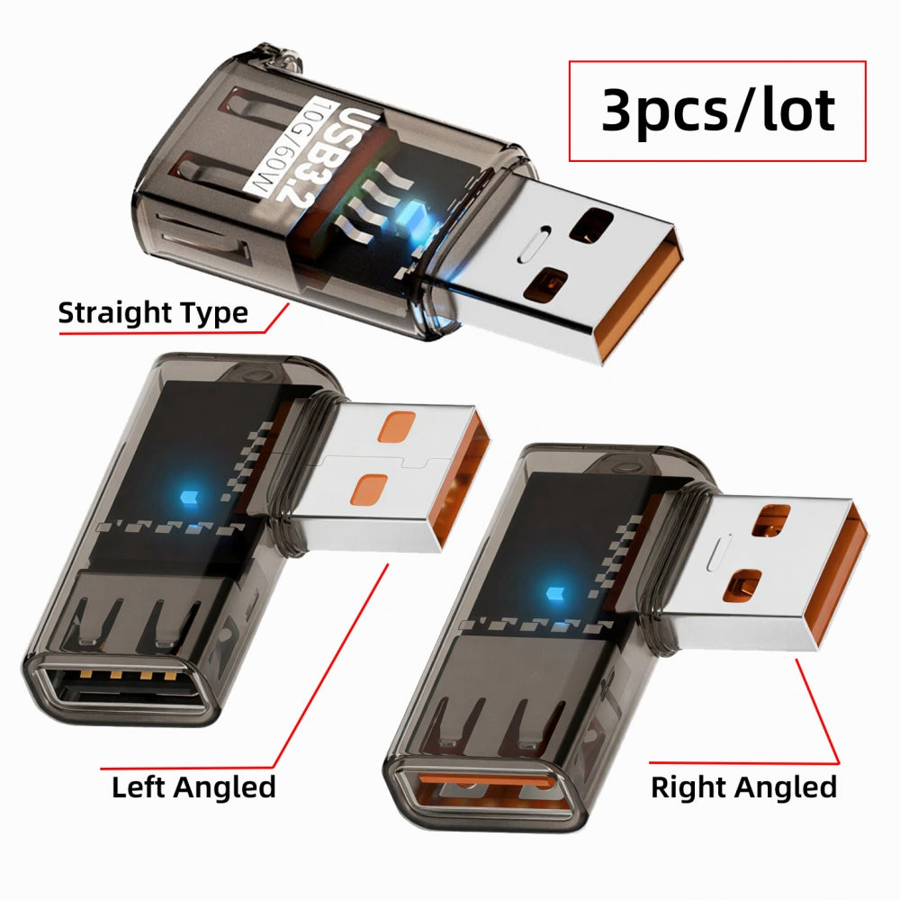 3pcs/lot Left Right Angled 10Gbps USB3.0 Male to Female Extension Power Data Adapter 90 Degree Type Transparent with Smart LED Light