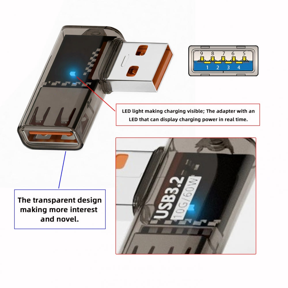 3pcs/lot Left Right Angled 10Gbps USB3.0 Male to Female Extension Power Data Adapter 90 Degree Type Transparent with Smart LED Light