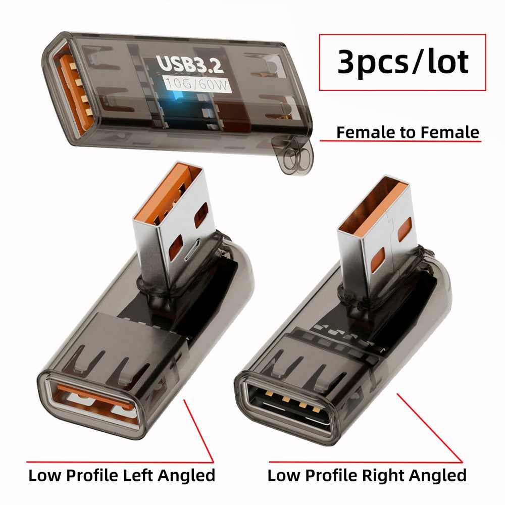 3pcs/lot Low Profile Right Left Angled Type 10Gbps USB3.0 Male to Female Extension Power Data Adapter 90 Degree Transparent with Smart LED Light