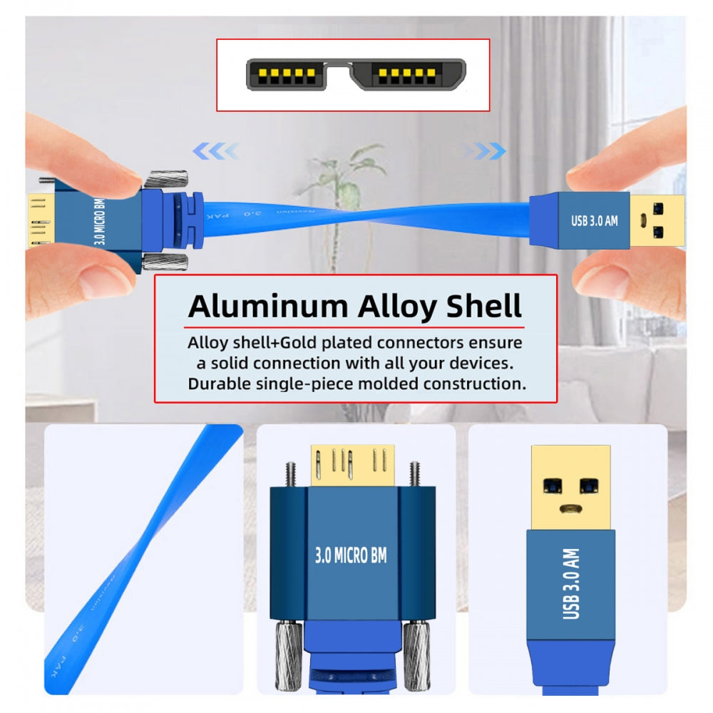 Ultra Flat Slim USB 3.0 Type-A Male to Micro-USB 3.0 Male Cable Data with Dual Thumbscrew 10Gbps for Vision Camera SSD