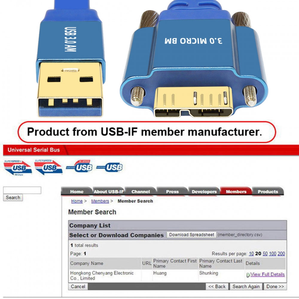 Ultra Flat Slim USB 3.0 Type-A Male to Micro-USB 3.0 Male Cable Data with Dual Thumbscrew 10Gbps for Vision Camera SSD