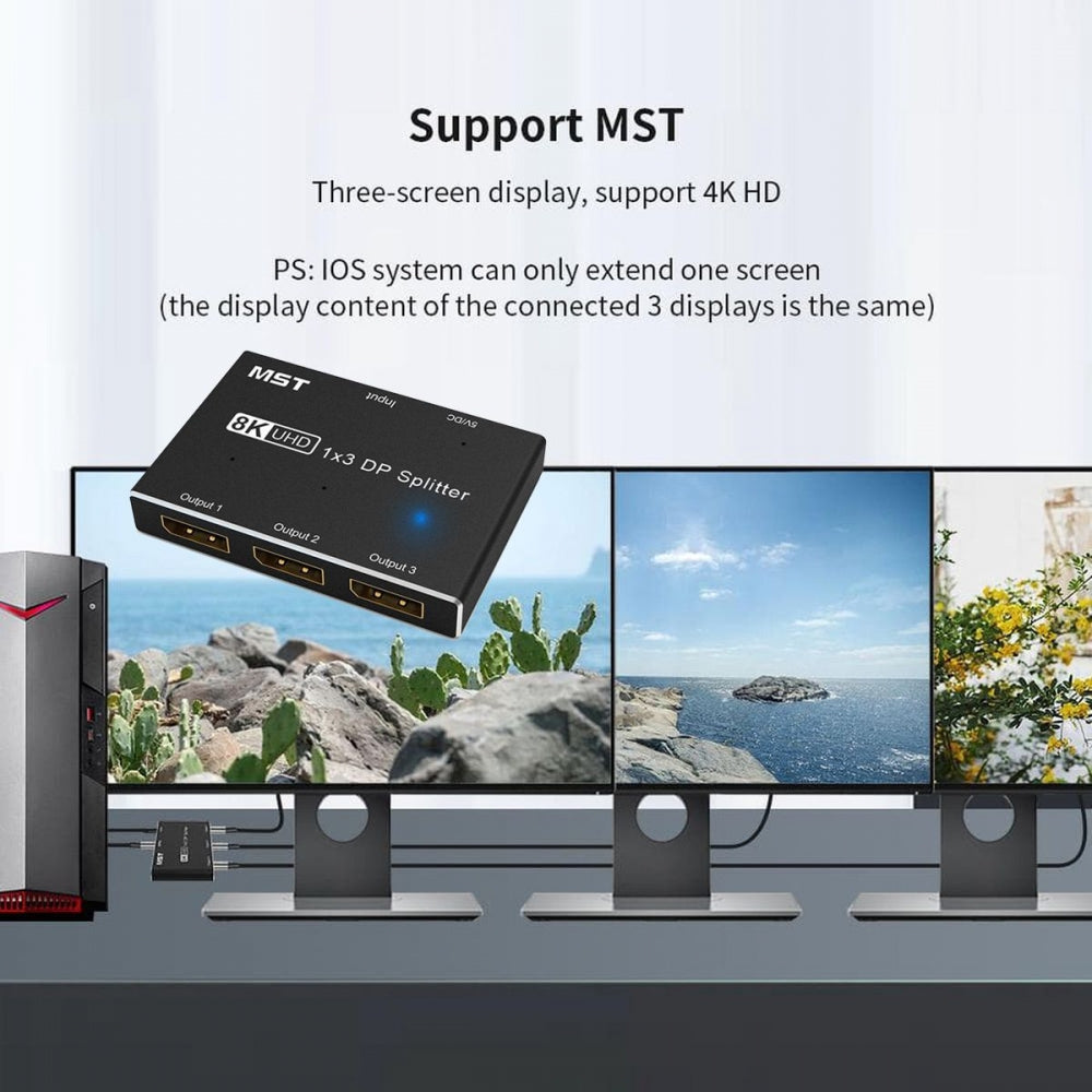 DisplayPort 2.0 DP 1-to-3 Triple Displays Extends HUB Splitter Support HDCP SST Extended 8K@60hz Convertor