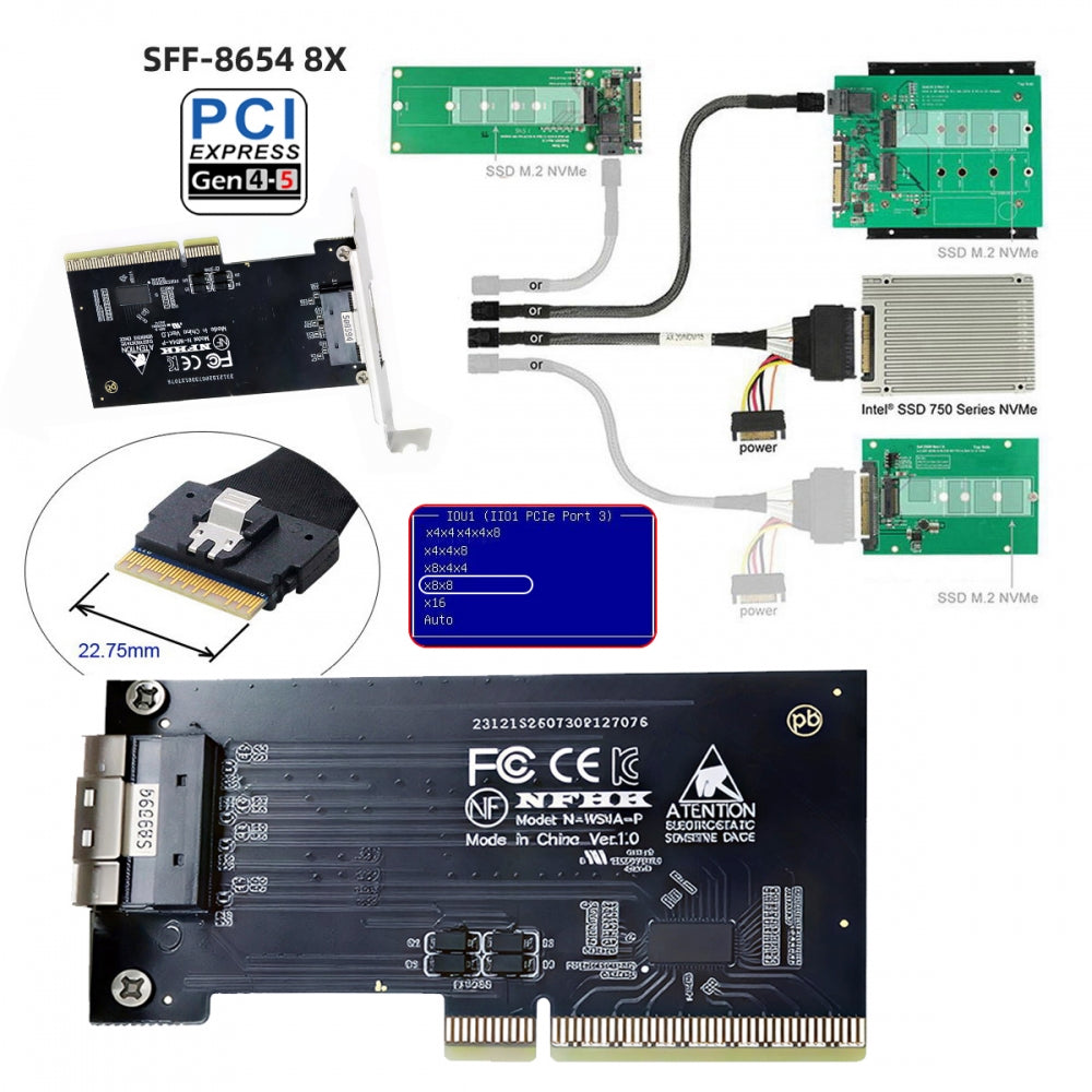 External Slimline SFF-8654 8x 74Pin to PCIE 8X Express 5.0 PCIE4.0 Raid Card VROC Raid0 Hyper Adapter with Linear Redriver over Long Cable Lengths