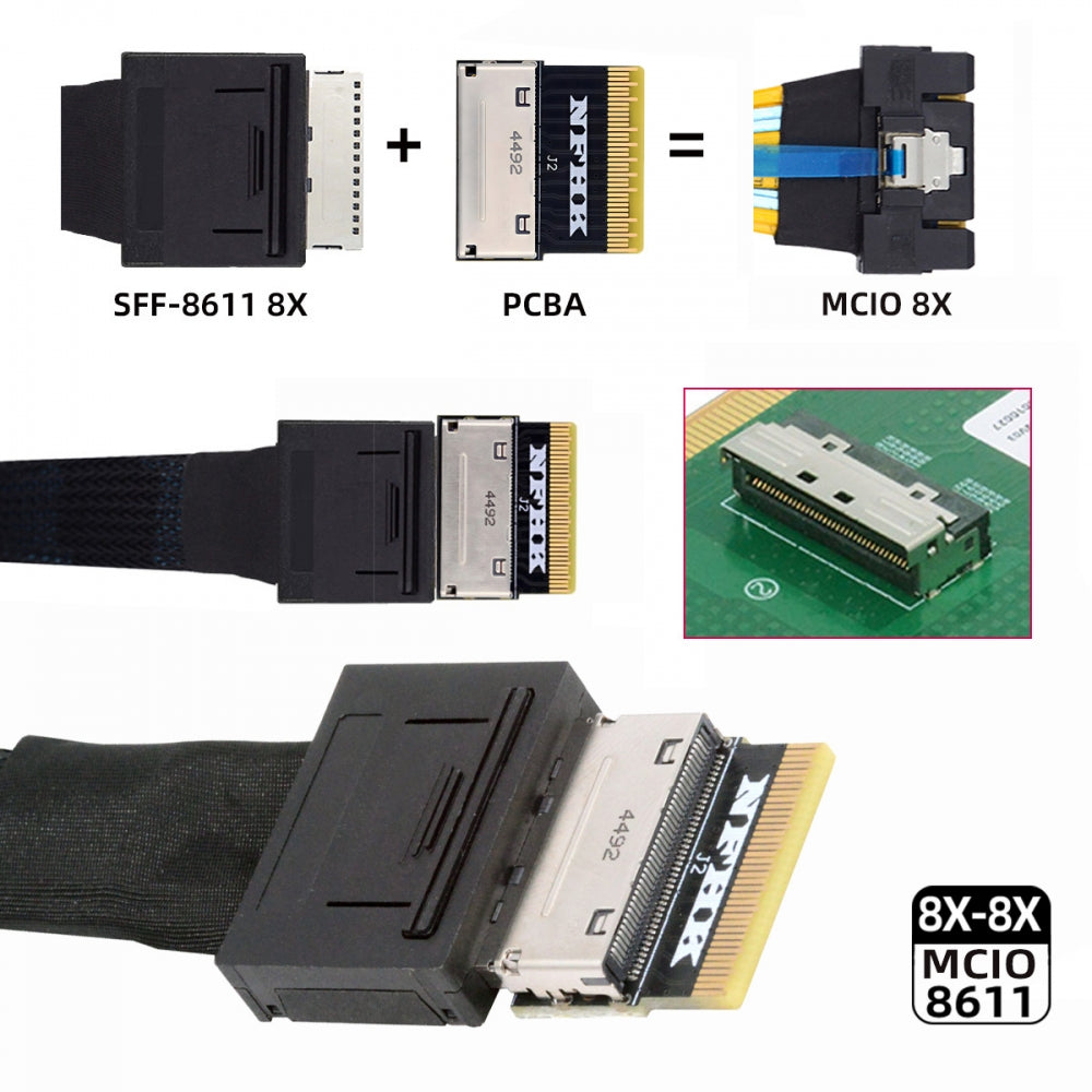 Oculink 8X Female SFF-8612 to MCIO Male 8x Mini Cool Edge IO SFF-TA-1016 SSD eGPU Data PCBA Adapter PCIe PCI-Express